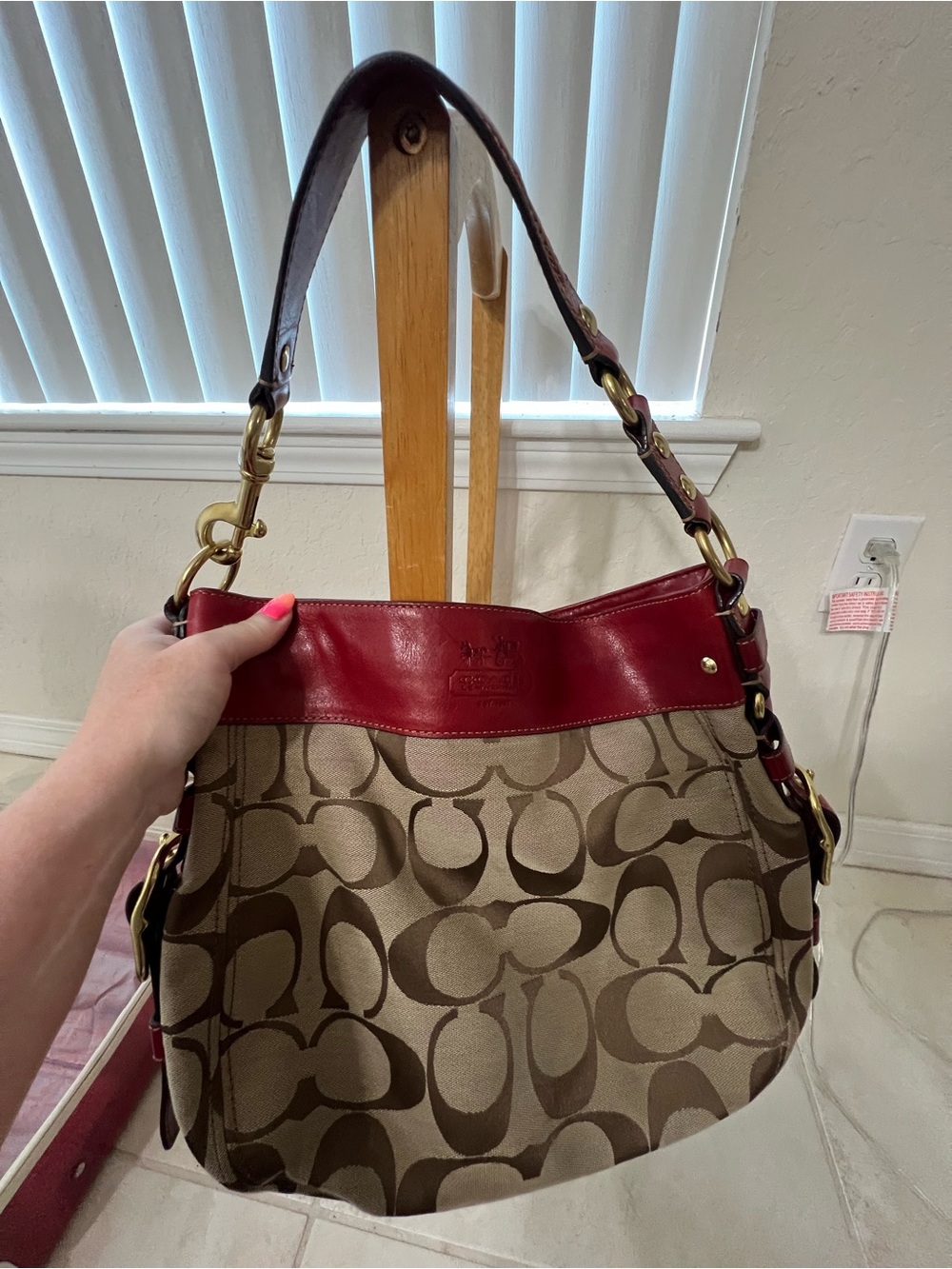 Coach Brown Signature Canvas Hobo with Red Leather Trim